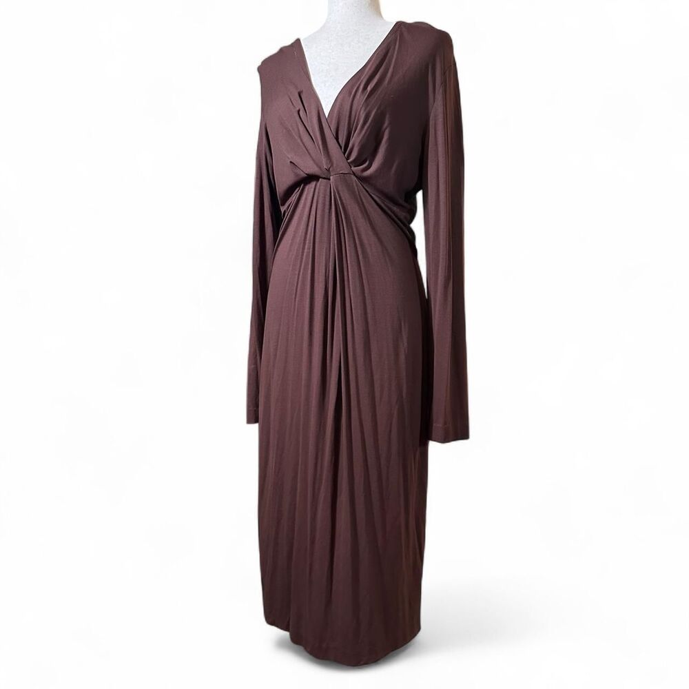 Bigio Collection Elegant Deep V Neck Faux Wrap Long Sleeve Brown Dress